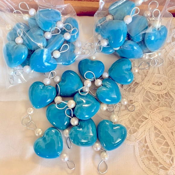 Blue Glazed Ceramic Porcelain Hearts & Pearl Beads W Metal Links (lot 10 links) - Picture 2 of 11